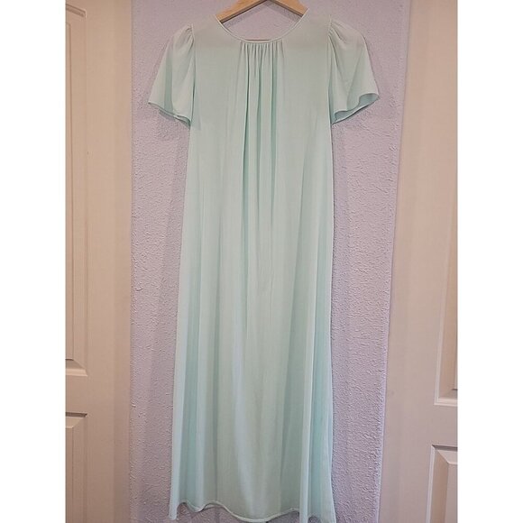 Vintage Shadowline Gown Long Pale Blue Rosette Embroidered Flutter Sleeve Small - Picture 5 of 7